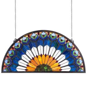 Stained Glass Window Panel, 36 x 18 in, Tiffany Style Hanging Transom Window Panel with Chain, Large Half-Round Stain Glass Hanging
