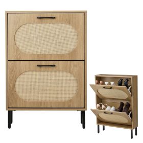 Rattan Shoe Cabinet with 2 Flip Doors, Narrow Freestanding Shoe Organizer, Modern Narrow Shoe Storage Cabinet with Metal Legs for Entryway, Hallw